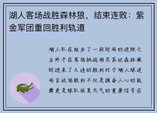 湖人客场战胜森林狼，结束连败：紫金军团重回胜利轨道
