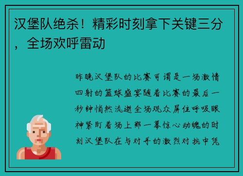 汉堡队绝杀！精彩时刻拿下关键三分，全场欢呼雷动
