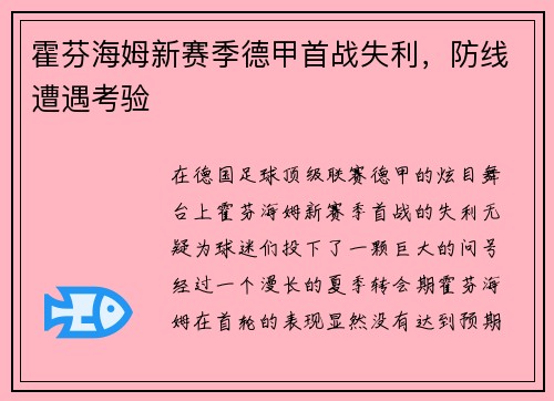 霍芬海姆新赛季德甲首战失利，防线遭遇考验