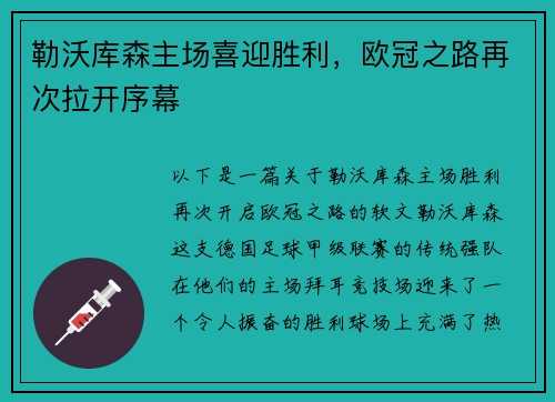 勒沃库森主场喜迎胜利，欧冠之路再次拉开序幕