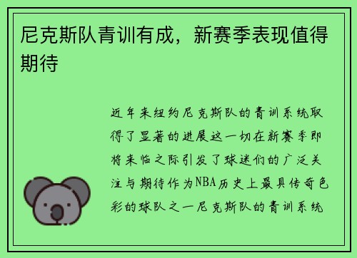 尼克斯队青训有成，新赛季表现值得期待