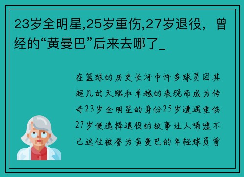 23岁全明星,25岁重伤,27岁退役，曾经的“黄曼巴”后来去哪了_