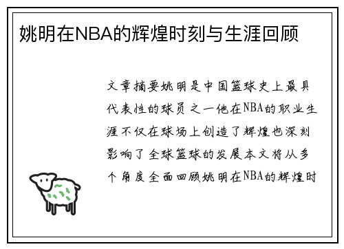 姚明在NBA的辉煌时刻与生涯回顾