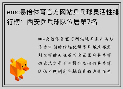 emc易倍体育官方网站乒乓球灵活性排行榜：西安乒乓球队位居第7名