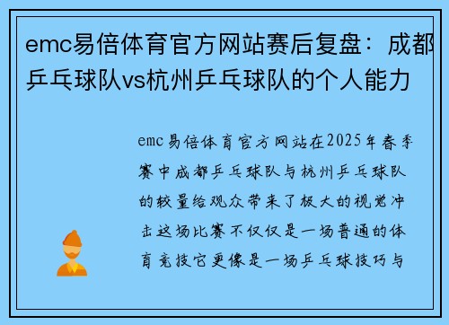 emc易倍体育官方网站赛后复盘：成都乒乓球队vs杭州乒乓球队的个人能力